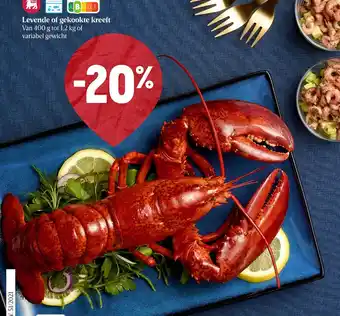 Delhaize Levende of gekookte kreeft 400g aanbieding