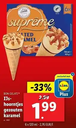 Lidl Bon Gelati IJshoorntjes gezouten karamel aanbieding