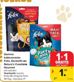 Carrefour Market Gourmet Gamma kattensnacks Felix, Dentalife en Nature's Creations aanbieding