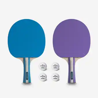 Decathlon SET 2 RACKETS TTR 130 SPIN 4* ITTF SCHOOL/CLUB VIOLET/BLAUW + BALLEN aanbieding