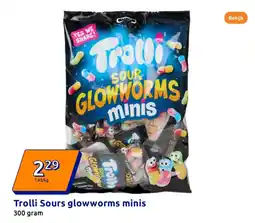 Action Trolli Sours glowworms minis 300 gram aanbieding