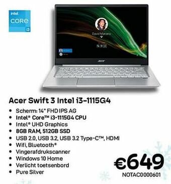 CompuDeals Acer swift 3 intel i3-1115g4 aanbieding