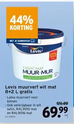 GAMMA Levis muurverf wit mat 8+2 L gratis aanbieding