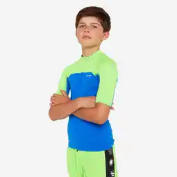 Decathlon Uv-werende rashguard met korte mouwen voor jongens 500 groen blauw aanbieding