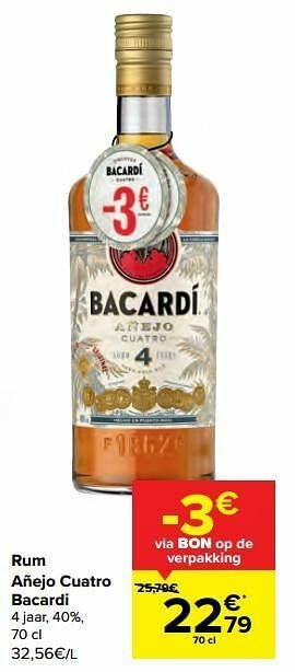 Carrefour Rum añejo cuatro bacardi aanbieding