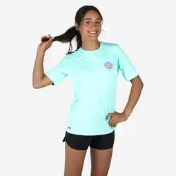 Decathlon Uv-werend zwemshirt met korte mouwen voor kinderen 100 Sunset vibes turquoise aanbieding