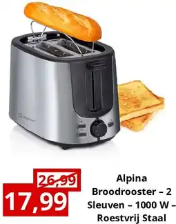 NH Market Alpina Broodrooster – 2 Sleuven – 1000 W – Roestvrij Staal aanbieding