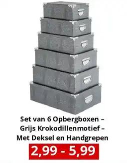 NH Market Set van 6 Opbergboxen – Grijs Krokodillenmotief – Met Deksel en Handgrepen aanbieding