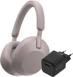 Coolblue Sony WH-1000XM5 Roze + BlueBuilt Quick Charge Oplader met Usb A Poort 18W Zwart aanbieding