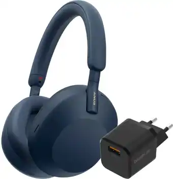 Coolblue Sony WH-1000XM5 Blauw + BlueBuilt Quick Charge Oplader met Usb A Poort 18W Zwart aanbieding