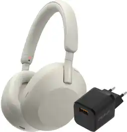 Coolblue Sony WH-1000XM5 Zilver + BlueBuilt Quick Charge Oplader met Usb A Poort 18W Zwart aanbieding