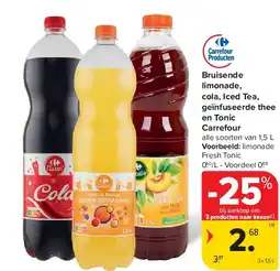 Carrefour Bruisende limonade, cola, Iced Tea, geïnfuseerde thee en Tonic Carrefour aanbieding