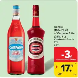 Carrefour Gancia (15%, 75 cl) of Carpano Bitter (25%, 1 L) aanbieding