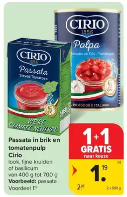 Carrefour Passata in brik en tomatenpulp Cirio aanbieding