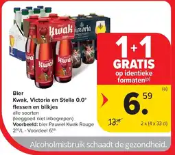 Carrefour Bier Kwak, Victoria en Stella 0.0° fl essen en blikjes aanbieding