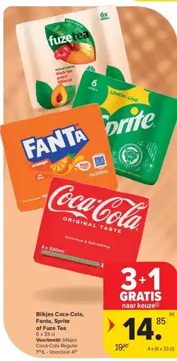 Carrefour Blikjes Coca-Cola, Fanta, Sprite of Fuze Tea aanbieding