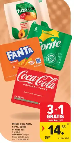 Carrefour Market Blikjes Coca-Cola, Fanta, Sprite of Fuze Tea aanbieding