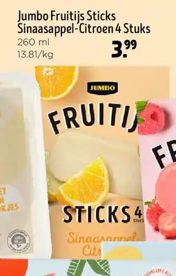 Jumbo Jumbo Fruitijs Sticks Sinaasappel-Citroen 4 Stuks 260 ml aanbieding