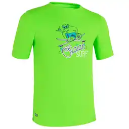 Decathlon Uv-werende rashguard met korte mouwen voor kinderen groen met opdruk aanbieding