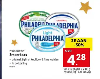 Lidl Philadelphia Smeerkaas original, light of knoflook & fijne kruiden 2 x 270g aanbieding