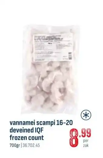 Horeca totaal Vannamei scampi 16-20 deveined IQF frozen count aanbieding