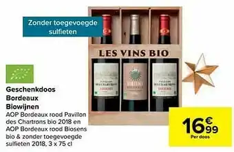 Geschenkdoos bordeaux biowijnen aop bordeaux rood pavillon des chartrons bio 2018 en aop bordeaux rood biosens bio + zonder t
