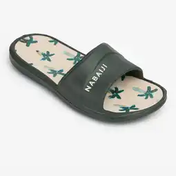 Decathlon Badslippers voor kinderen Slap 500 beige/kaki met palmprint aanbieding