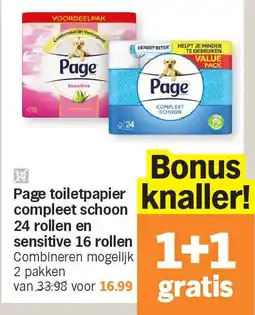 Albert Heijn Page toiletpapier compleet schoon 24 rollen en sensitive 16 rollen aanbieding