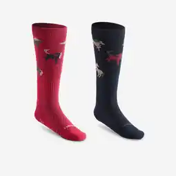 Decathlon Paardrijsokken voor kinderen SKS 500 ponymotief marineblauw roze. set van 2 paar aanbieding