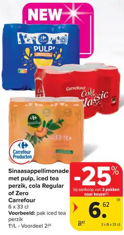 Carrefour Sinaasappellimonade met pulp, iced tea perzik, cola Regular of Zero aanbieding