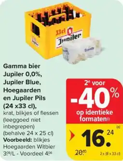 Carrefour Market Gamma bier Jupiler 0,0%, Jupiler Blue, Hoegaarden en Jupiler Pils aanbieding