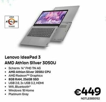 CompuDeals Lenovo ideapad 3 amd athlon silver 3050u aanbieding