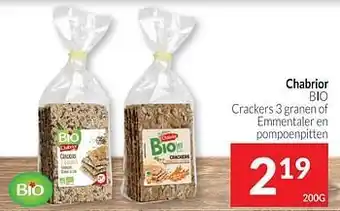 Intermarché Chabrior bio crackers 3 granen of emmentaler en pompoenpitten aanbieding