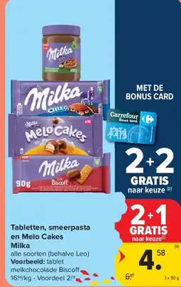 Carrefour Tabletten, smeerpasta en Melo Cakes Milka aanbieding