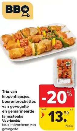 Carrefour Trio van kippenhaasjes, boerenbrochettes van gevogelte en gemarineerde lamssteaks aanbieding