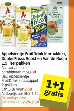 Albert Heijn Appelsientje FruitDrink literpakken, DubbelFrisss Boost en Van de Boom 1.5 literpakken aanbieding