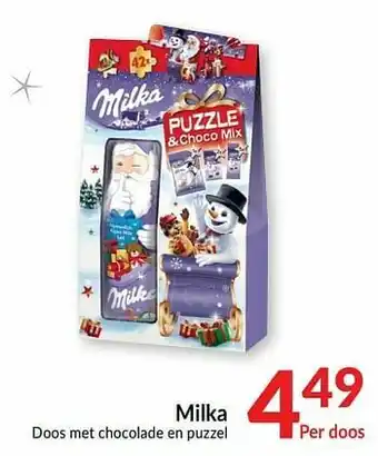 Intermarché Milka doos met chocolade en puzzel aanbieding
