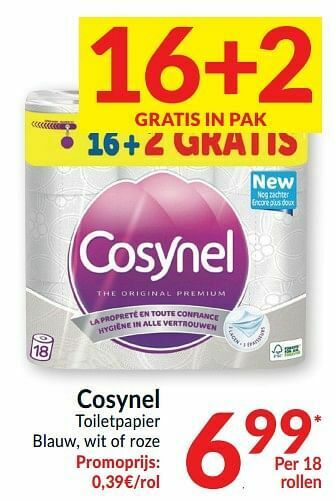 Intermarché Cosynel toiletpapier blauw wit of roze aanbieding