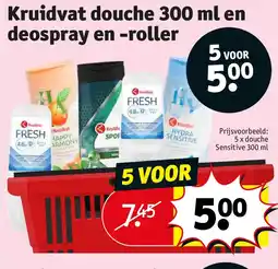 Kruidvat Kruidvat douche 300 ml en deospray en -roller aanbieding