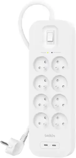 Coolblue Belkin Parafoudre 8 Prises 2 Mètres Dual USB-C 30W PD Blanc aanbieding