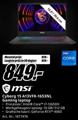 MediaMarkt Msi Cyborg 15 A13VFK-1653NL Gaming laptop aanbieding