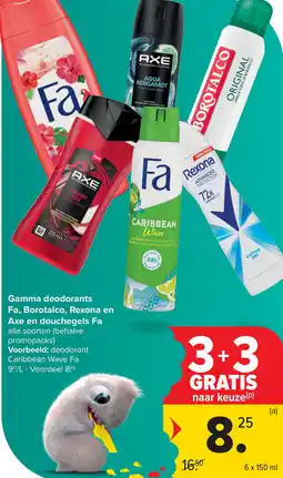 Carrefour Gamma deodorants Fa, Borotalco, Rexona en Axe en douchegels Fa aanbieding