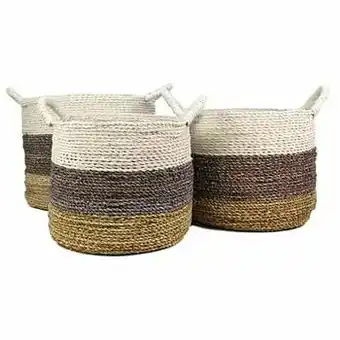 Leen Bakker HSM Collection mandenset Lara (3 stuks) - naturelkleurig/paars/wit - Leen Bakker aanbieding