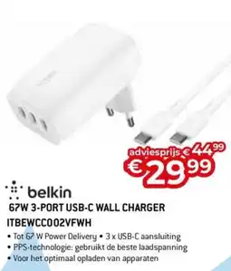 AUVA Belkin 67W 3-PORT USB-C WALL CHARGER ITBEWCC002VFWH aanbieding
