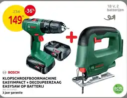 Brico Bosch klopschroefboormachine easyimpact + decoupeerzaag easysaw op batterij aanbieding