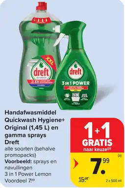 Carrefour Handafwasmiddel Quickwash Hygiene+ Original en gamma sprays Dreft aanbieding