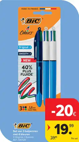 Carrefour BiC Set van 3 balpennen met 4 kleuren aanbieding