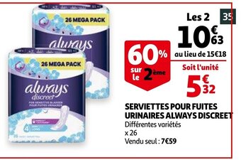 Serviettes pour fuites urinaires always discreet