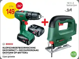 BricoPlanit Bosch klopschroefboormachine easyimpact + decoupeerzaag easysaw op batterij aanbieding