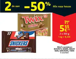 Cora Mini's candybars bounty, mars, milky way, snickers, twix aanbieding
